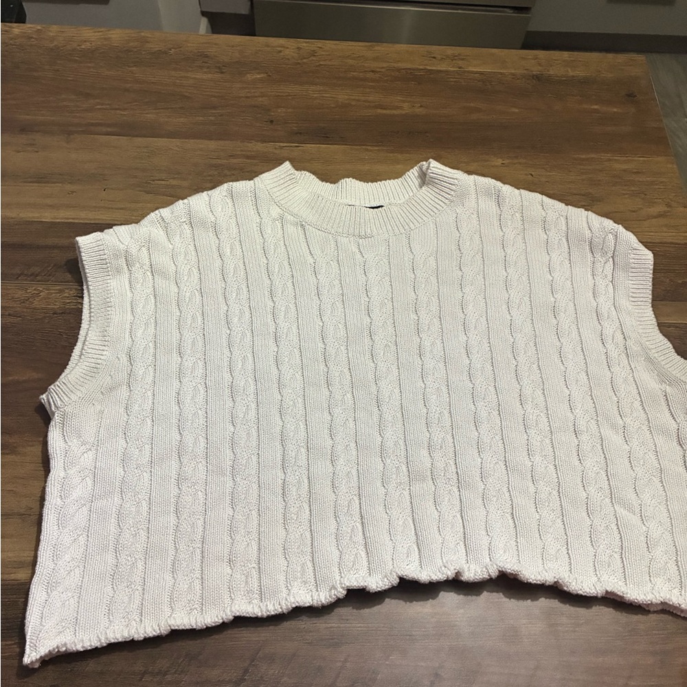Olivaceous White Cable-Knit Sleeveless Crew Sweater